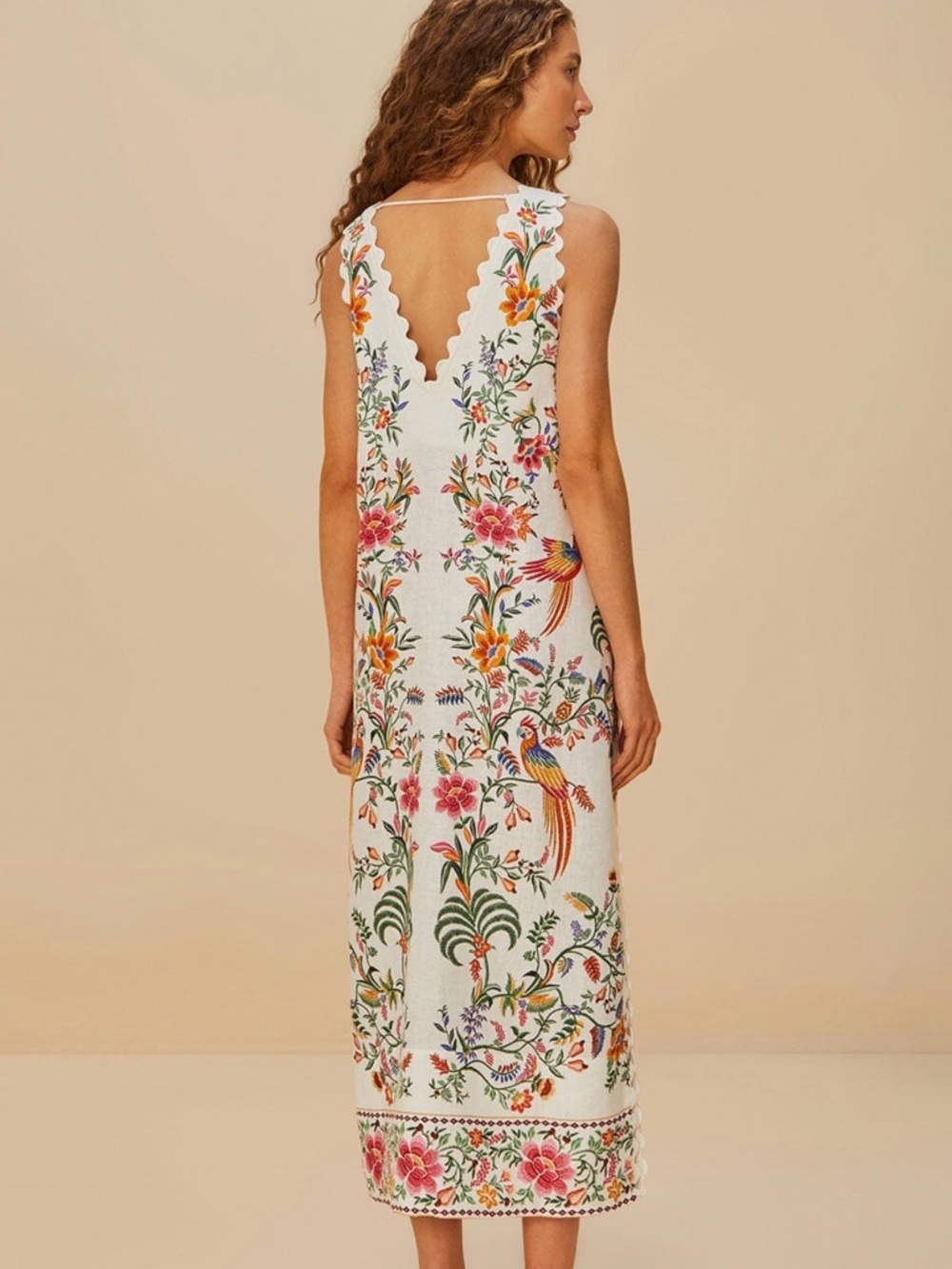 FARM Rio White Linen Maxi Dress with Bright Floral & Bird print with POCKETS L - Picture 2 of 11